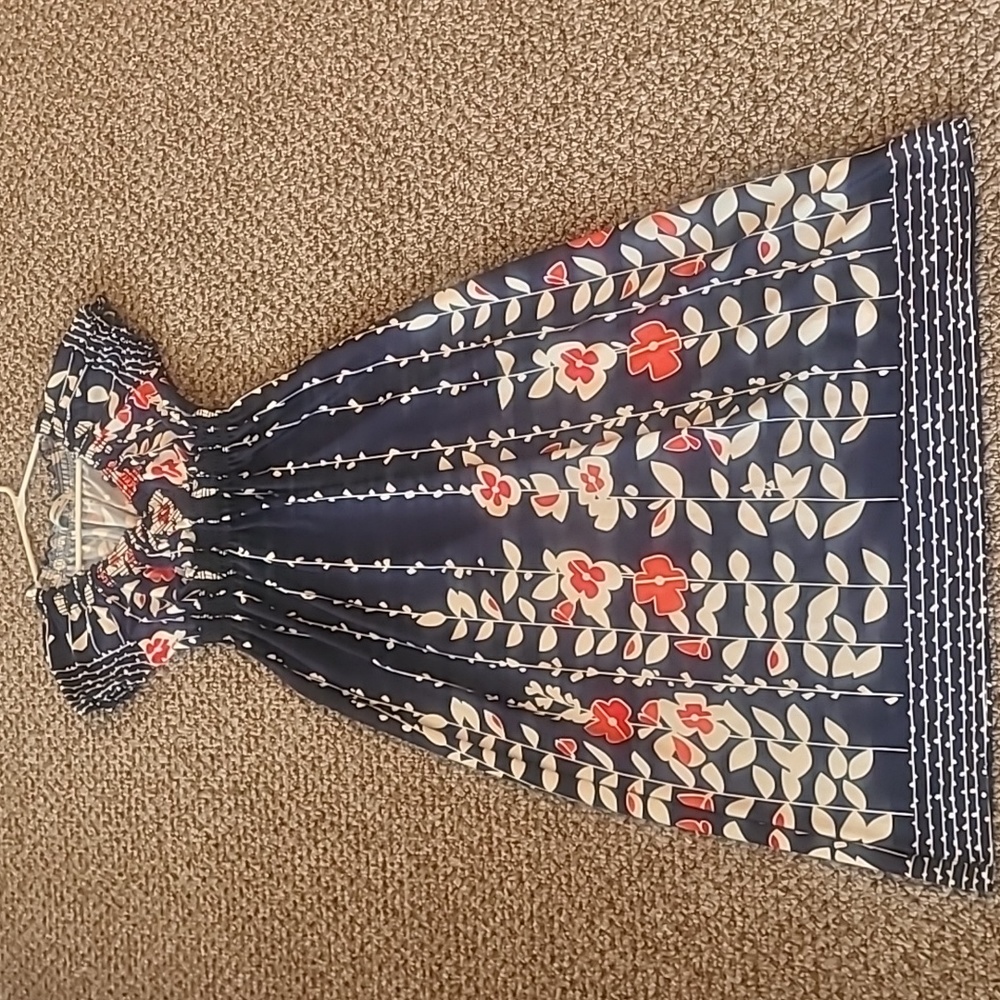 Navy dress with red and white flowers